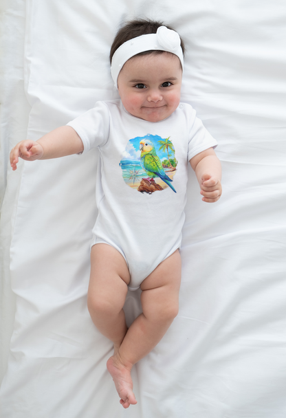 Baby wearing a white onesie with a parrot design on a white blanket