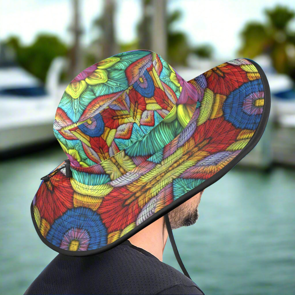 Colorful patterned sun hat worn by a guy in a Key West Marina