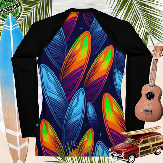 Night Surfing Rashie | Surfboard Pattern | For Women Rash Guards & Swim Shirts