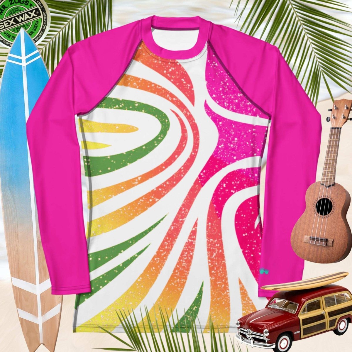 Colorful rash guard with a spiral design on a background with a surfboard, ukulele, and car.