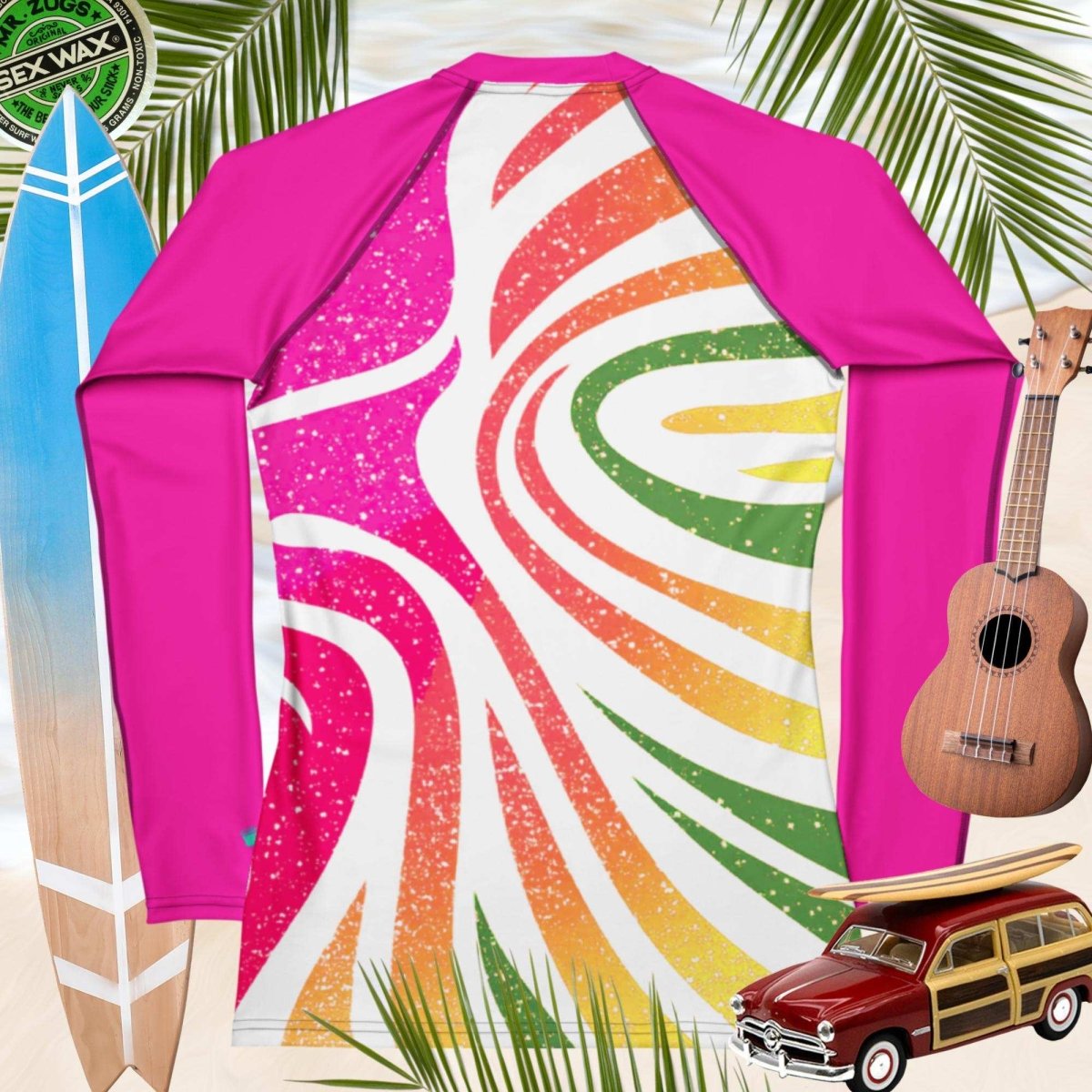 Back of Colorful sun rashie with a pink sleeve, surfboard, ukulele, and vintage car on a tropical background