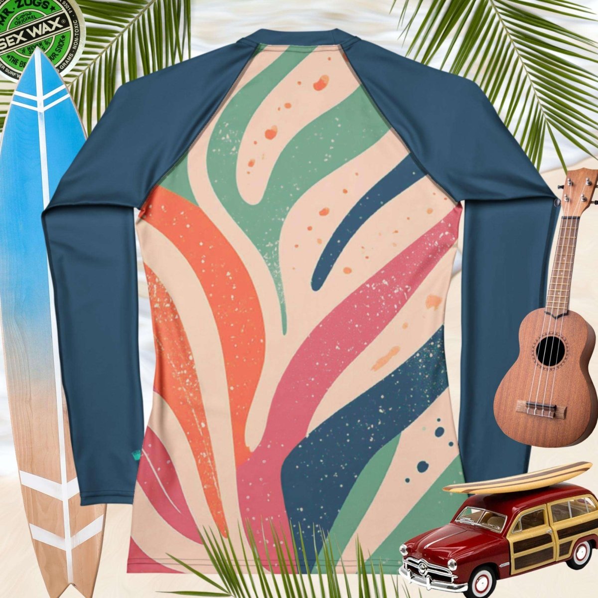 Backside of Colorful shirt with abstract design on a background with surfboard, ukulele, and model car.