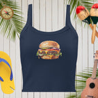 Navy blue tank top with a hamburger graphic on a wooden background with tropical elements.