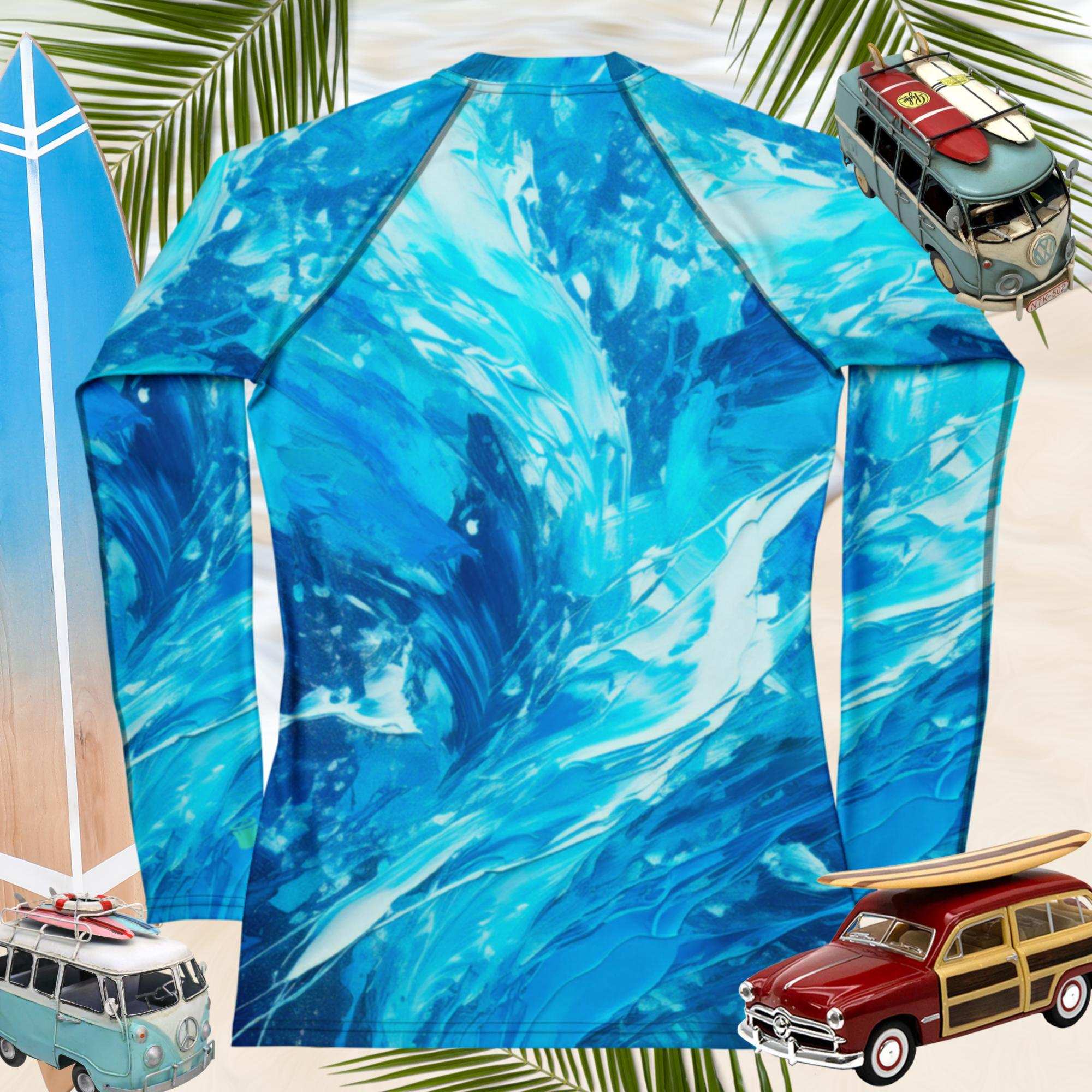 Vibrant Women's Rag Dolled Rash Guard featuring a stunning turbulent water pattern, perfect for beach activities.