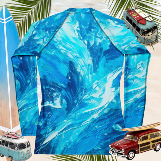 Vibrant Women's Rag Dolled Rash Guard featuring a stunning turbulent water pattern, perfect for beach activities.