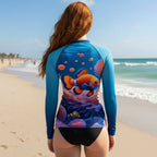 Woman wearing a long-sleeve rash guard with a colorful Clownfish design on St. Pete Beach