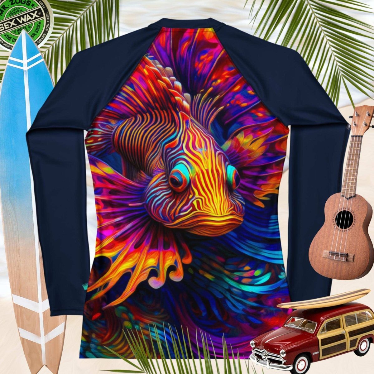Navy blue shirt with a colorful lionfish design on a tropical background with surfboard, ukulele, and vintage woody car.