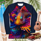 Navy blue rash guard with a colorful lionfish design on a tropical leaf background