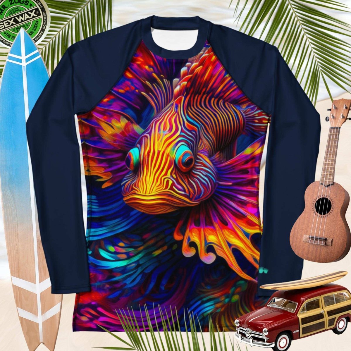 Navy blue rash guard with a colorful lionfish design on a tropical leaf background