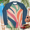 Colorful long-sleeve rashie with abstract design on a tropical background with surfboard, ukulele, and car.