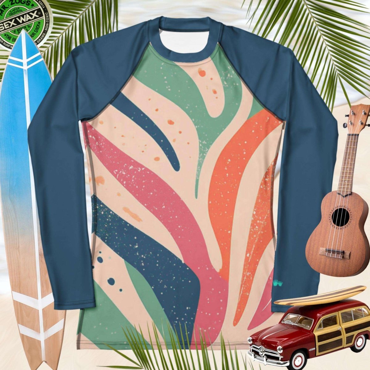 Colorful long-sleeve rashie with abstract design on a tropical background with surfboard, ukulele, and car.