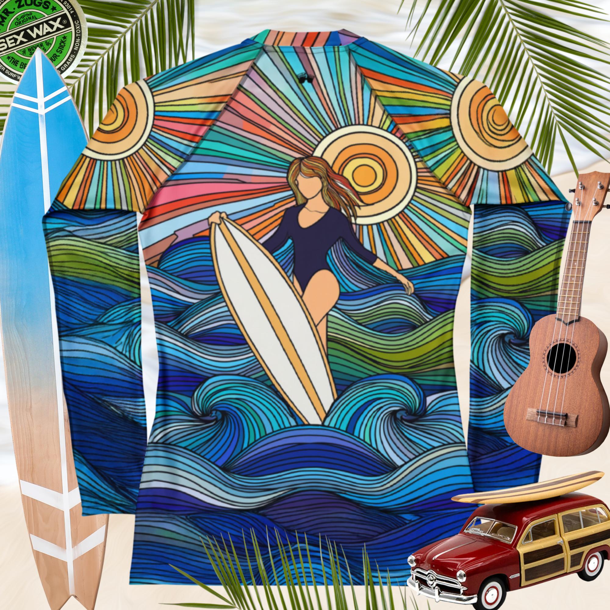 Women's surfer girl rashie with stained glass design, UPF 50+ sun protection, perfect for beach and surf activities.