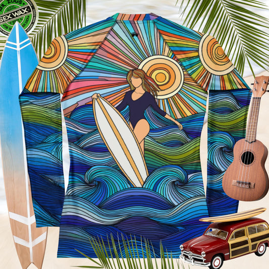Women's surfer girl rashie with stained glass design, UPF 50+ sun protection, perfect for beach and surf activities.