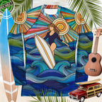 Stylish women's surfer girl rash guard with UPF 50+ sun protection, featuring a vibrant stained glass design.