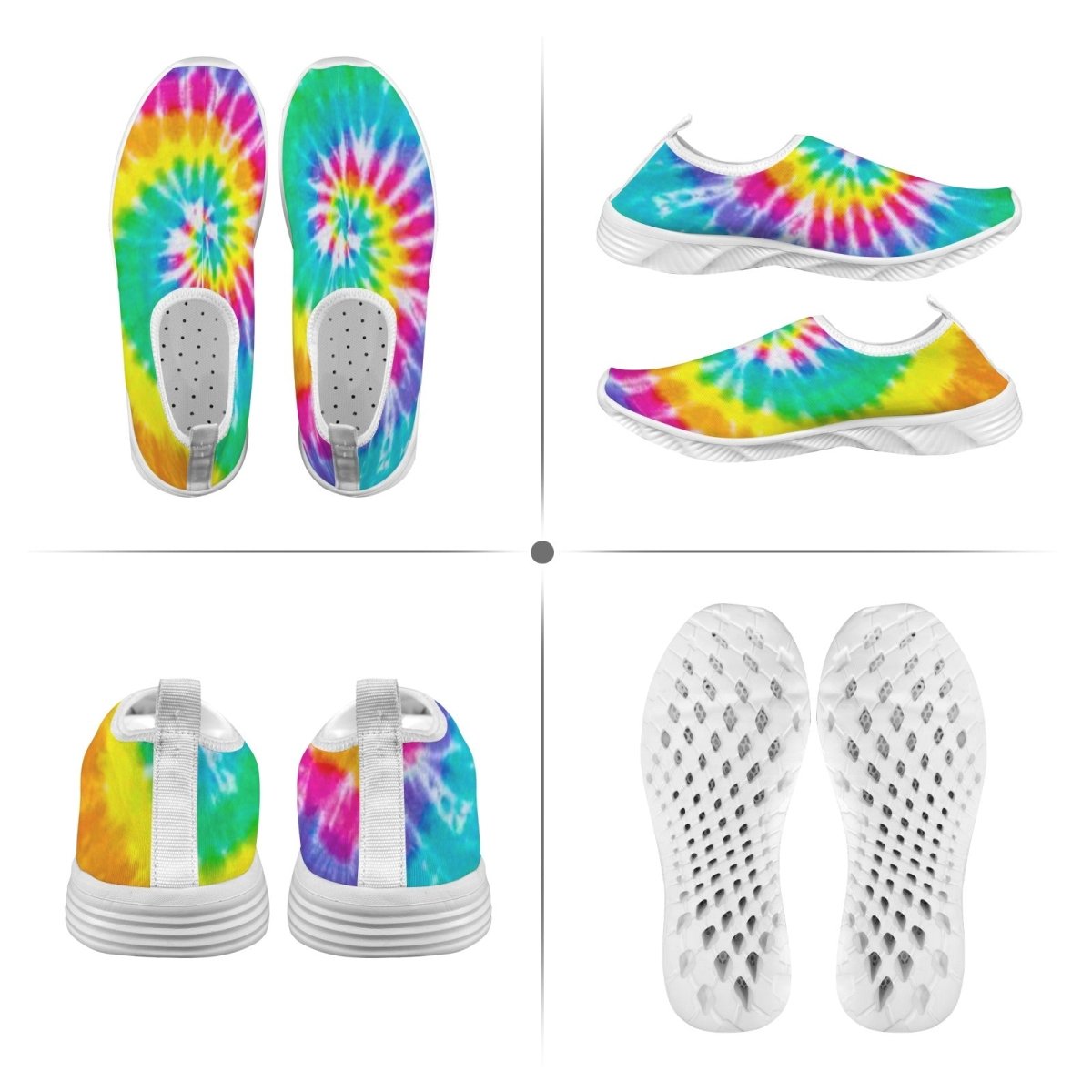 A four-panel product collage showing a pair of slip-on water shoes from multiple angles on a white background. The shoes have a bright rainbow tie-dye pattern with white mesh-like soles and white trim.