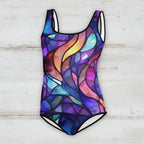 Colorful swimsuit with a stained glass pattern on a rustic wood background