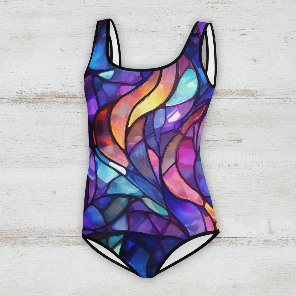 Colorful swimsuit with a stained glass pattern on a rustic wood background