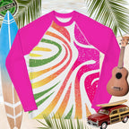Colorful long-sleeve shirt with a spiral design on a background with a surfboard, ukulele, and vintage toy car.