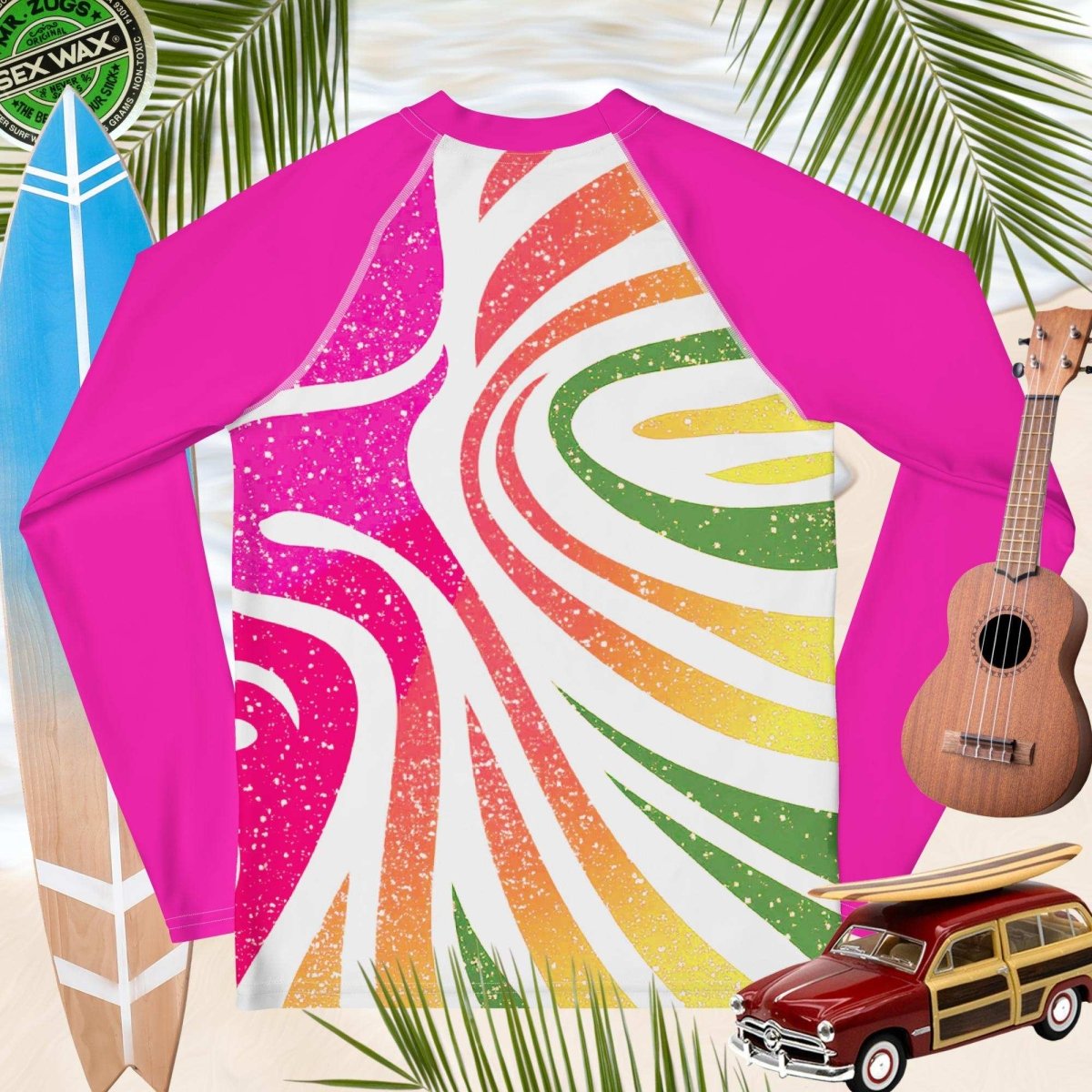 back of Colorful shirt with a spiral design, surfboard, ukulele, and vintage model car on a tropical background.