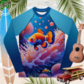 Rash Guard with a colorful Clown fish design on a tropical background with surfboard, ukulele, and toy car.