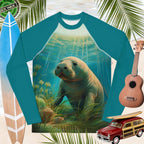 Teal long-sleeve sun rashie with a manatee design on a background with a surfboard, ukulele, and vintage toy car.