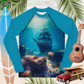 Blue long-sleeve youth sized rash guard  with underwater shipwreck design, surrounded by tropical elements like a surfboard, ukulele, and car.