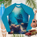 Blue long-sleeve youth sized rash guard  with underwater shipwreck design, surrounded by tropical elements like a surfboard, ukulele, and car.
