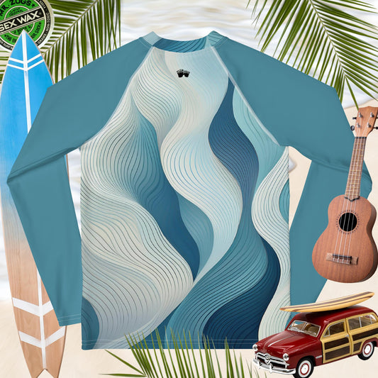 Youth UPF 50+ rash guard in blue waves design, perfect for water sports and sun protection.